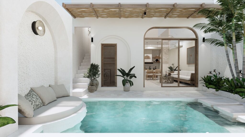 Luxurious Bali villa with private pool, tropical plants, and modern minimalist decor.