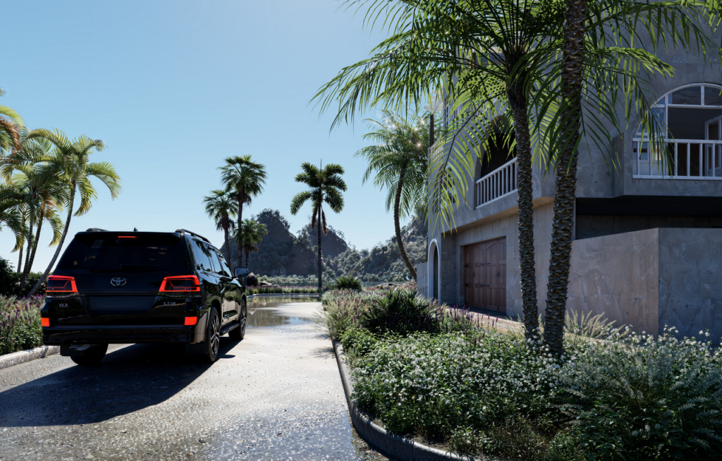 Luxury black SUV parked near a tropical villa with palm trees under a bright sunny sky.
